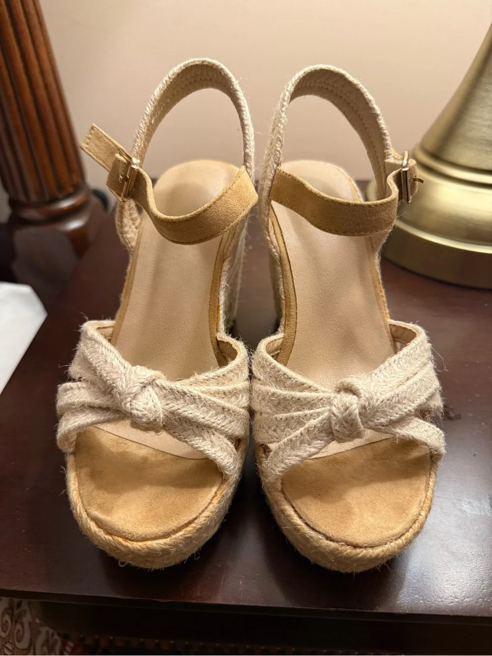 Womens Beige Espadrille Wedge Sandals